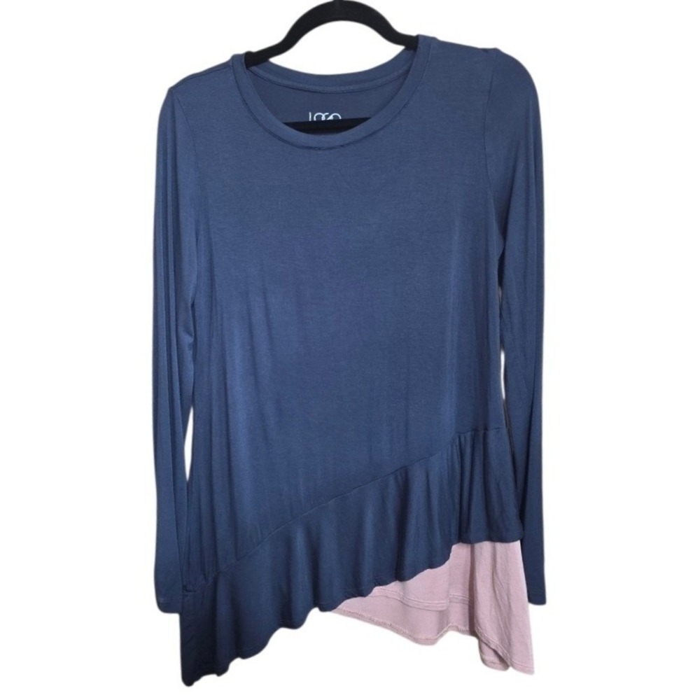 LOGO by Lori Goldstein Navy and Mauve Long Sleeve Asymmetrical Peplum Top
